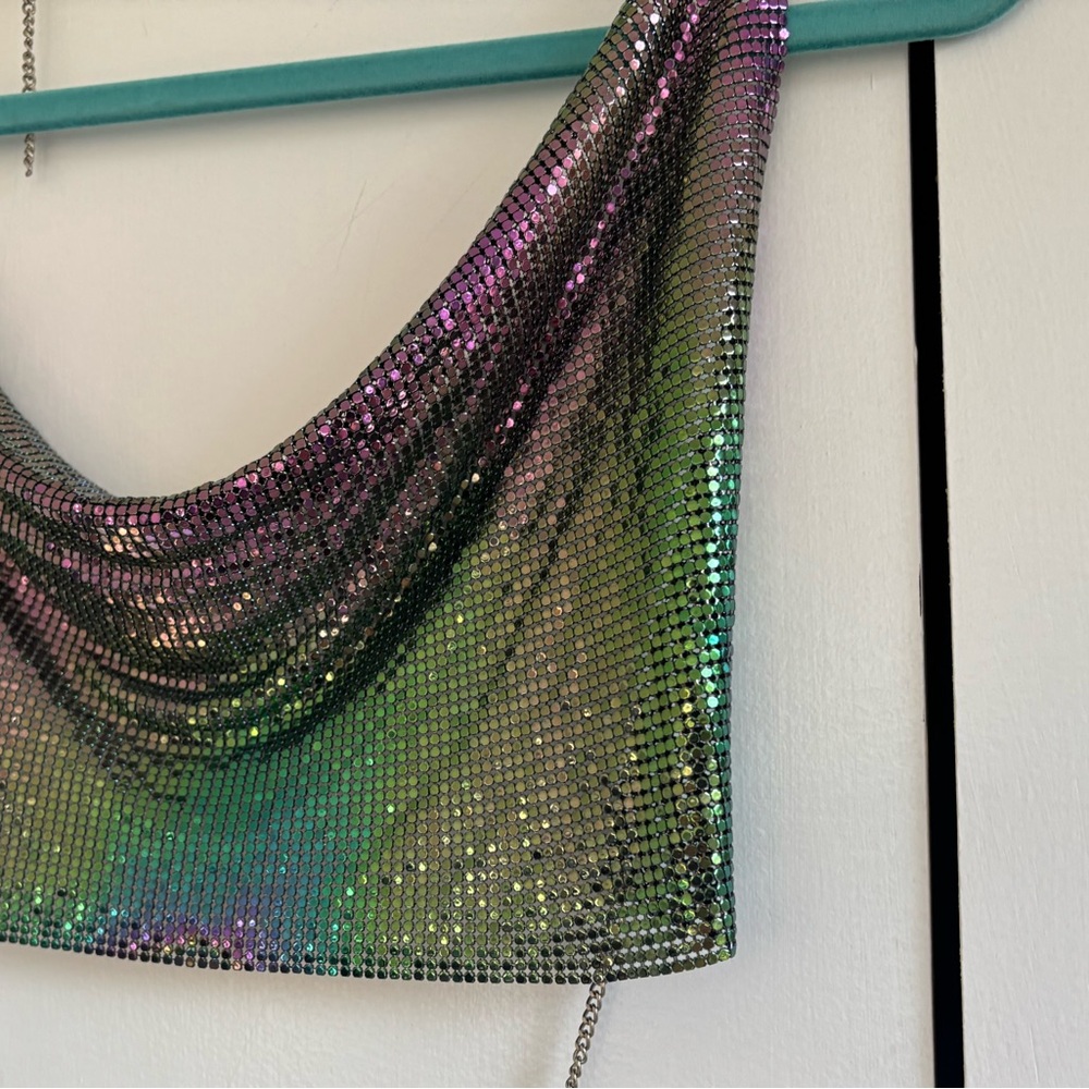 Rainbow Multicolor Chainmail Cowl Neck Crop Top Size Small - Picture 5 of 13